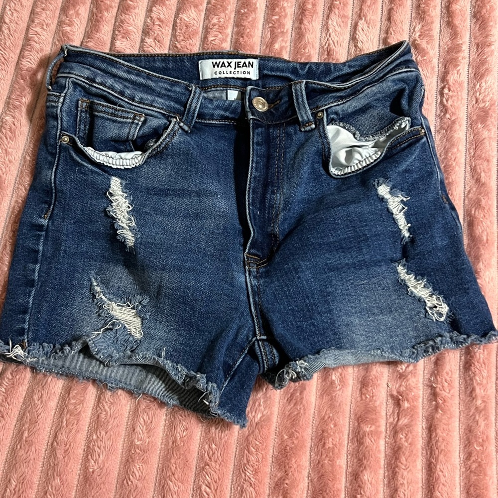 Wax Jean Women's Ripped Dark Blue Denim Shorts